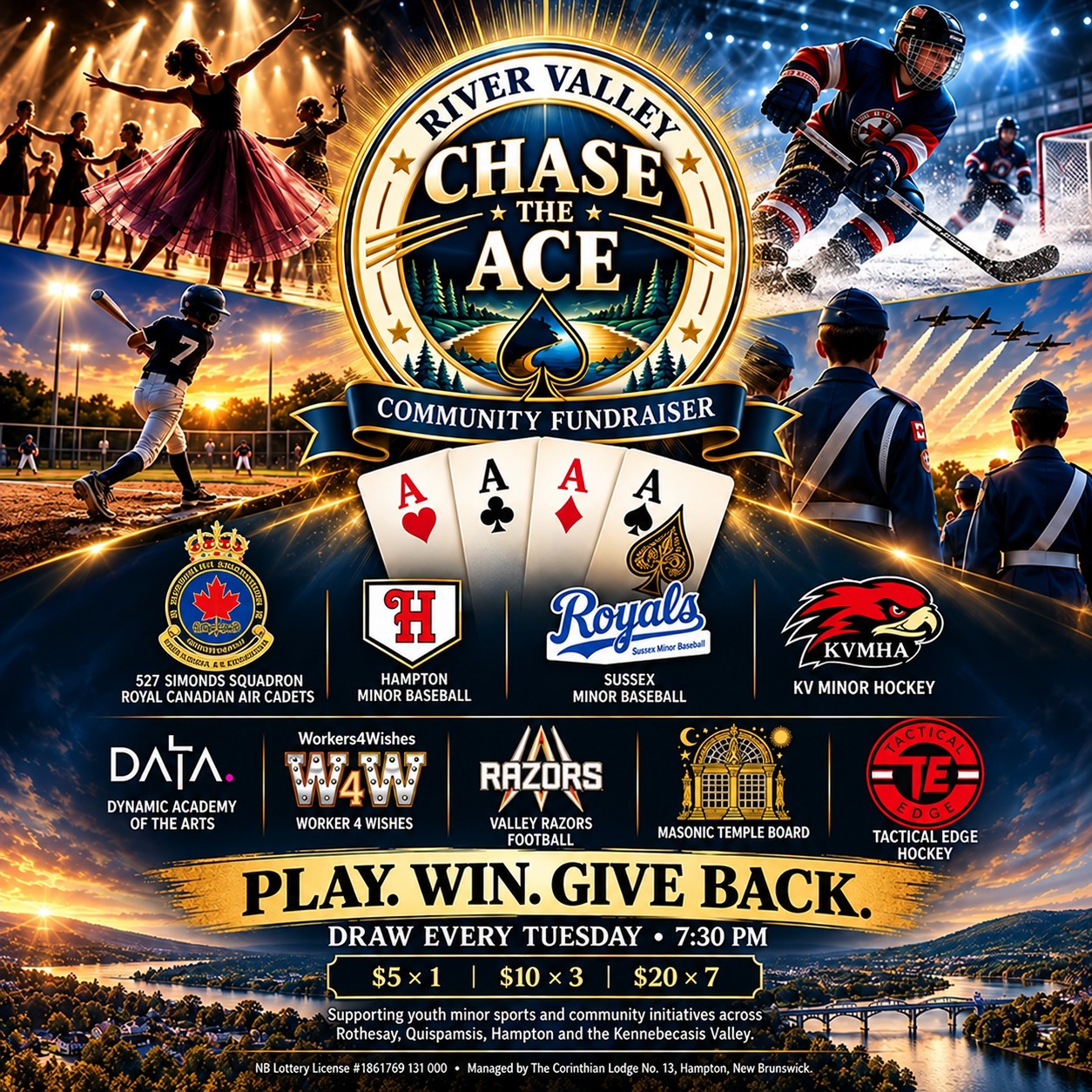 River Valley Chase The Ace poster: Play. Win. Give Back. Draw every Tuesday at 7:30 PM, tickets $5 for 1, $10 for 3, $20 for 7, with the logos of all nine community partners.
