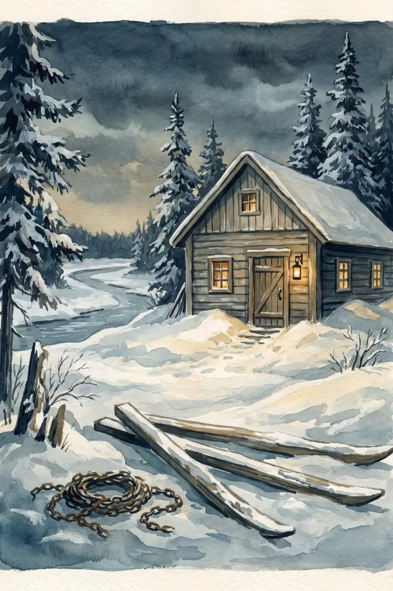 A small timber building standing in deep snow at night, its windows lit warmly.