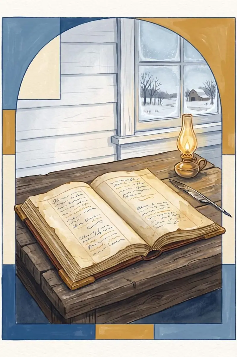 An oil lamp burning on a wooden sill beside an open handwritten ledger.
