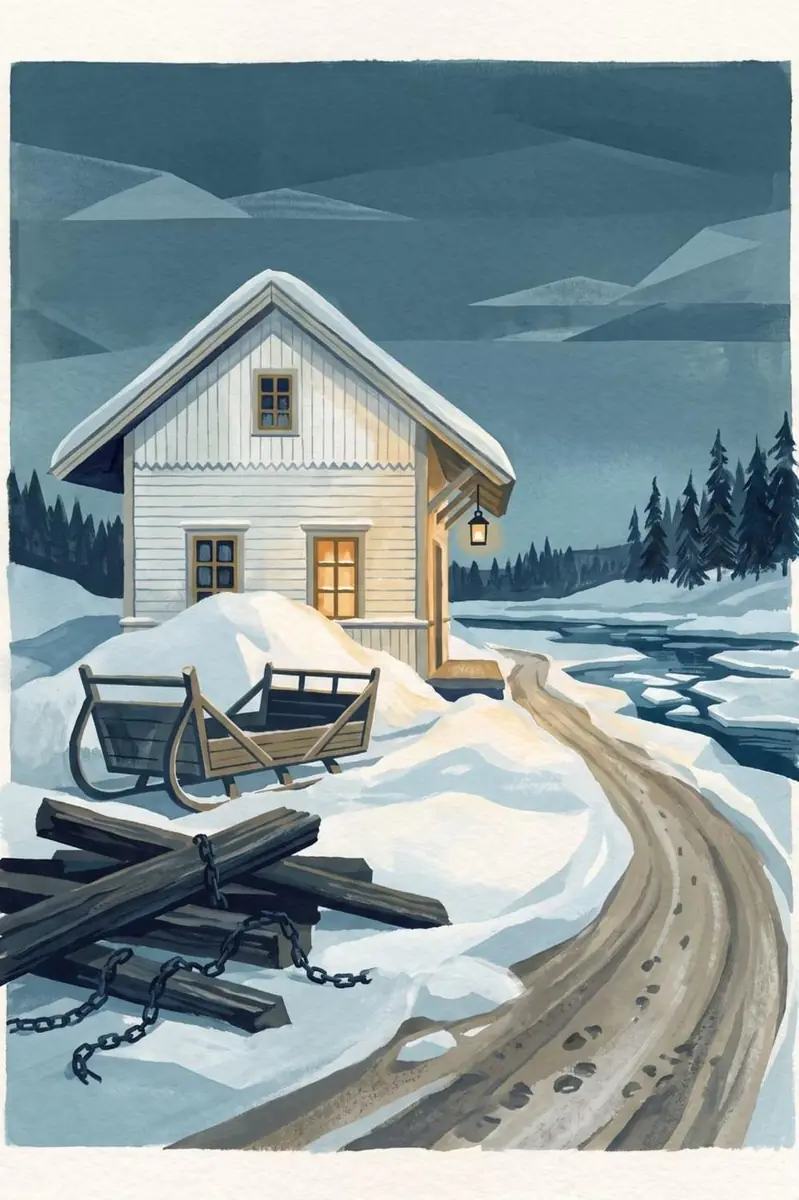 Wooden sleds resting in deep snow beside a frozen river at dusk.