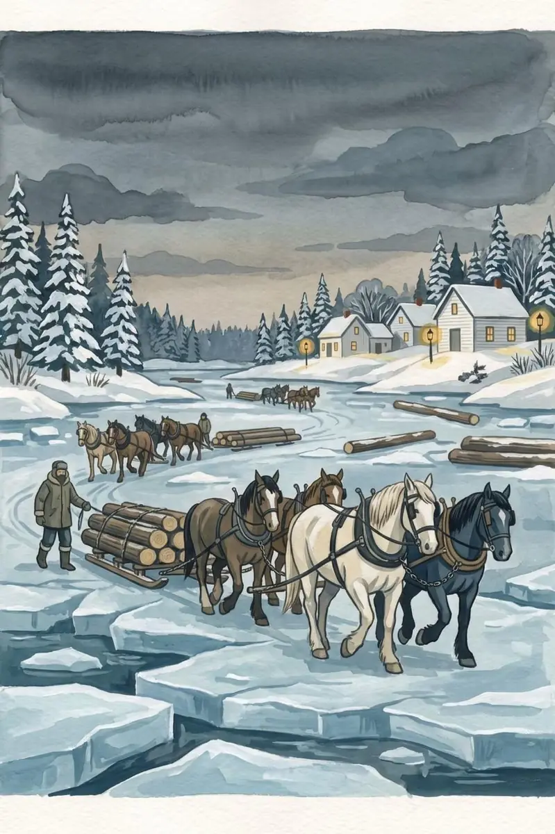A frozen river in winter with horses hauling timber across the ice past a lamplit village.
