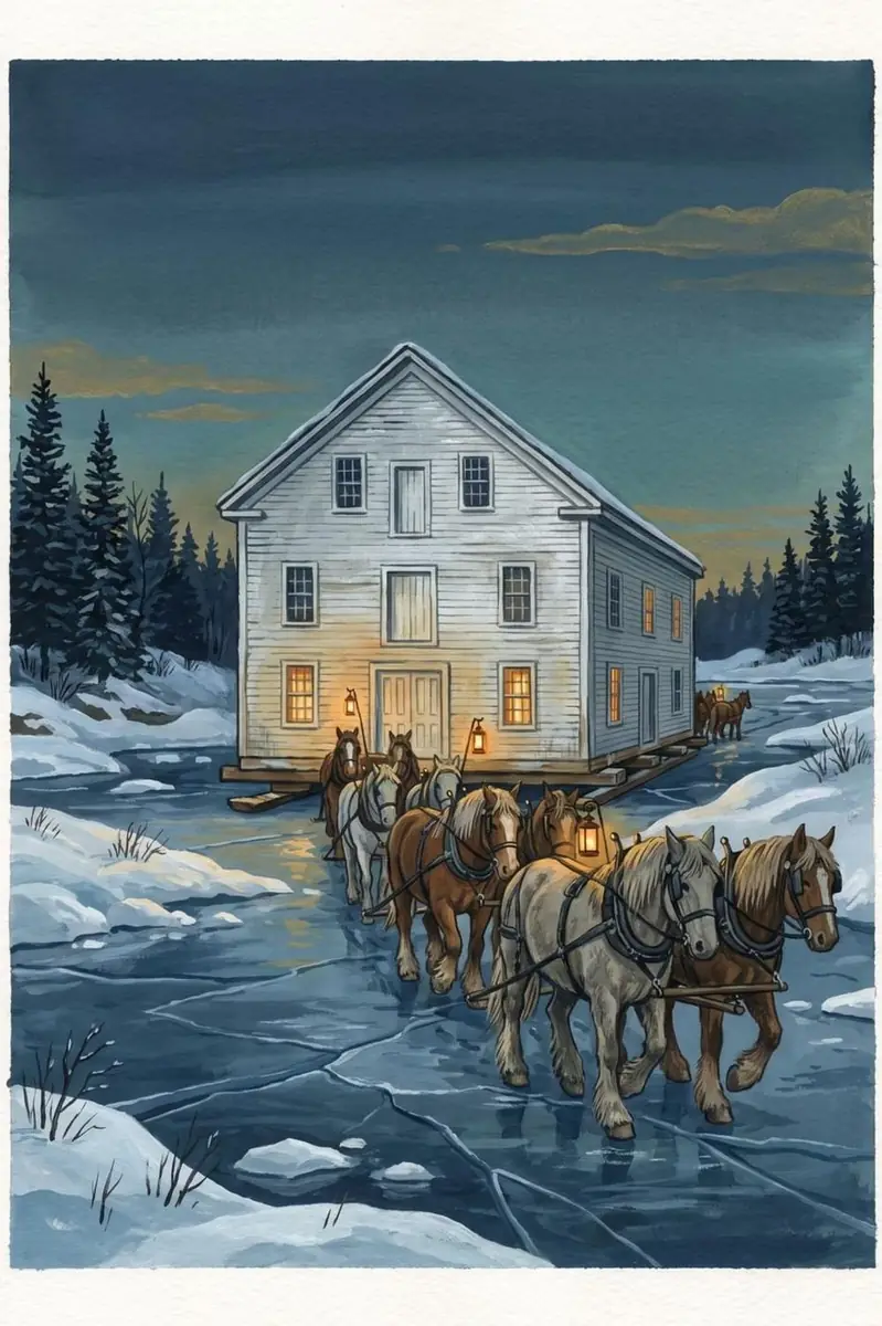 A tall clapboard hall raised on skids on the ice, teams of horses harnessed in front of it at dusk.
