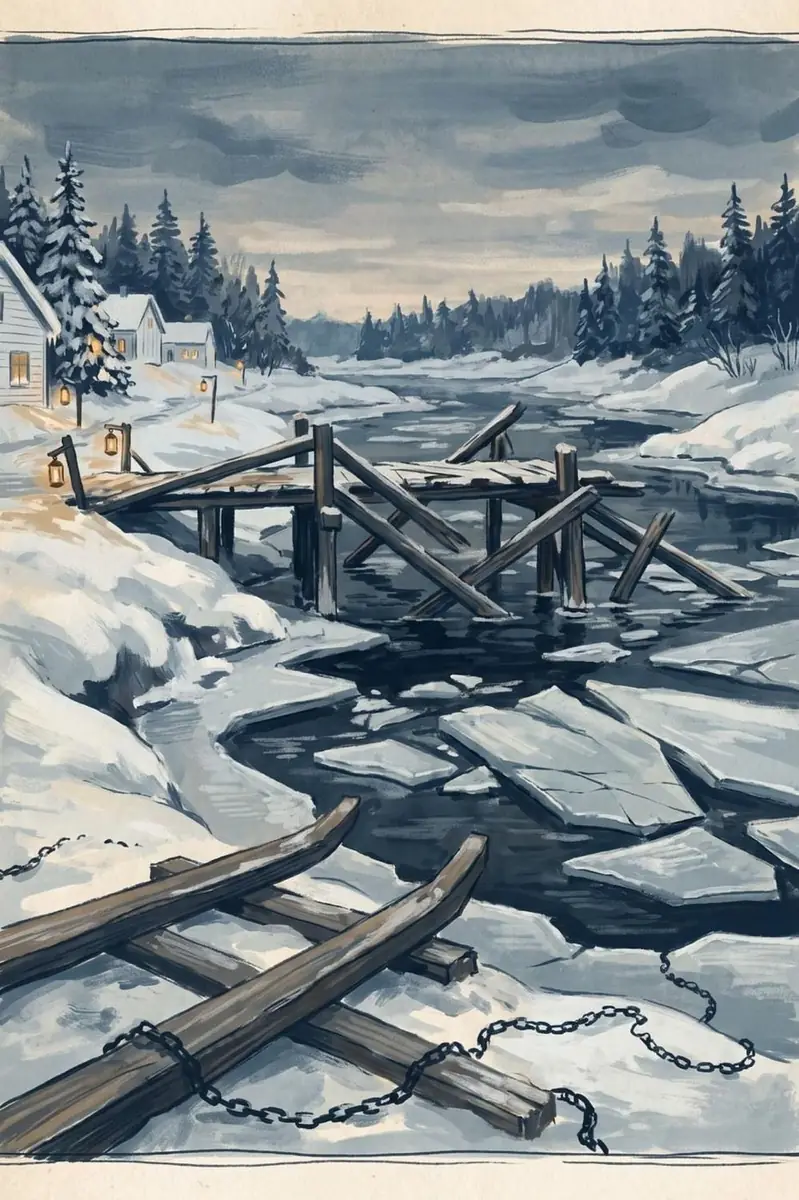 Broken ice and splintered timbers standing up out of dark open water, lanterns burning on the snowy bank.