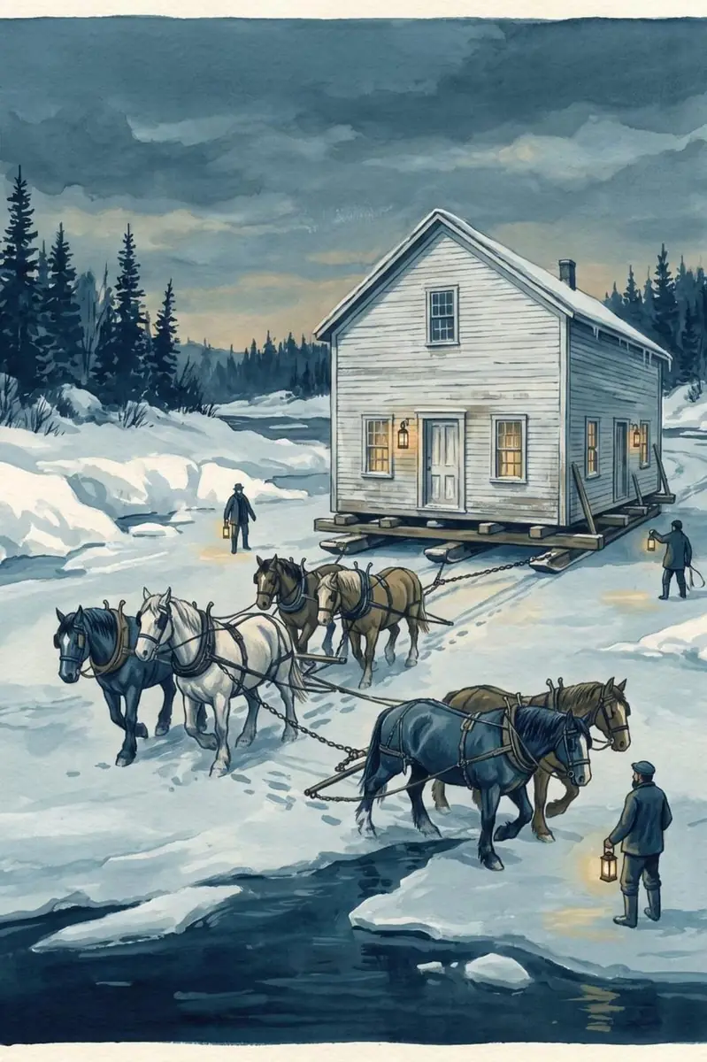 Men with lanterns and teams of horses hauling the hall up onto the snow on heavy timber skids.