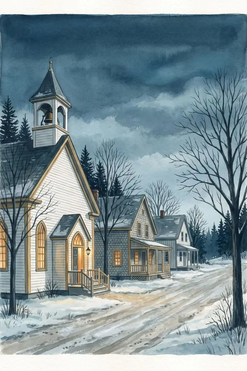 A snowy village at dusk, rooftops and bare trees under a heavy winter sky.