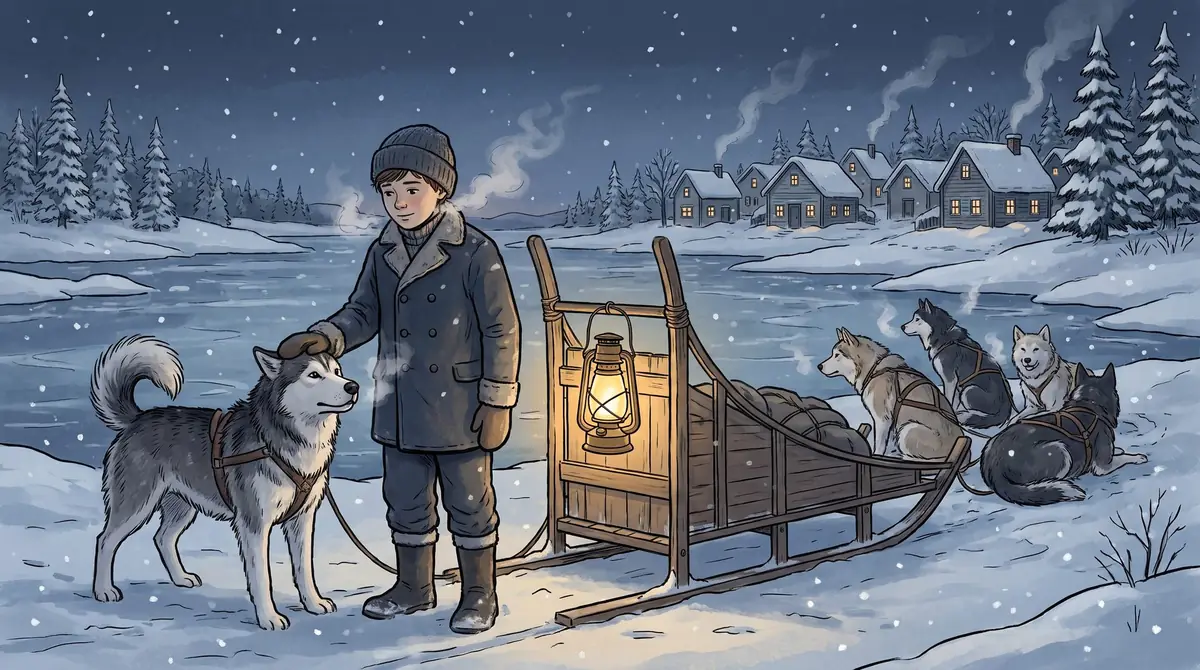 A boy in a wool coat and cap rests his hand on the head of his lead sled dog beside a lantern-lit sled, a team of dogs waiting on the frozen river behind him.